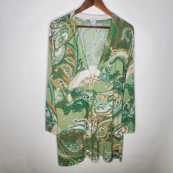 Chicos Womens Green Paisley Button Front Cardigan Size 2 US L Layering Preppy - Picture 1 of 9